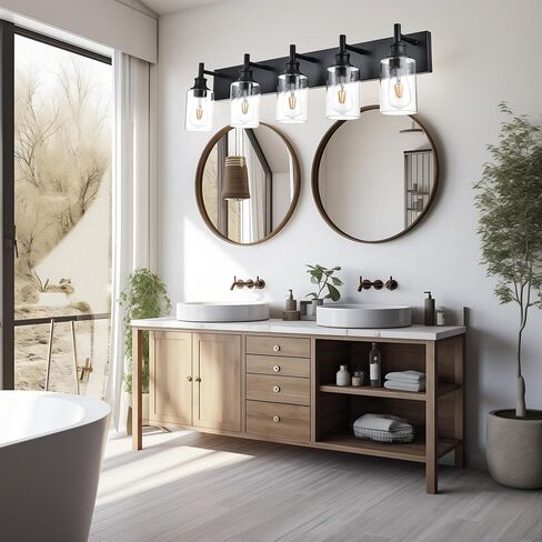 5 Light Bathroom Vanity Lights Black Bathroom Lighting Fixtures Over Mirror with Clear Glass Shades, Farmhouse Wall Sconces Vanity Lighting Fixture for Bedroom Living Room in Saudi Arabia