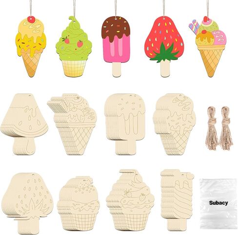 80 PCS Unfinished Wood Cutouts 8 Styles DIY Wooden Spring Ornaments, Wooden Art Craft Painting Kit for Kids, Birthday Easter Creativity Arts & Crafts, Ice Cream Shape in Saudi Arabia