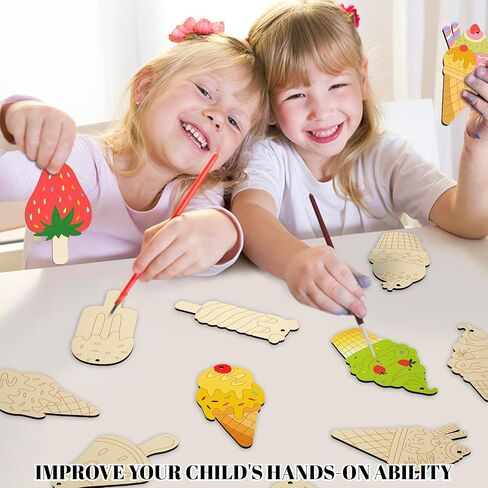 80 PCS Unfinished Wood Cutouts 8 Styles DIY Wooden Spring Ornaments, Wooden Art Craft Painting Kit for Kids, Birthday Easter Creativity Arts & Crafts, Ice Cream Shape in Saudi Arabia