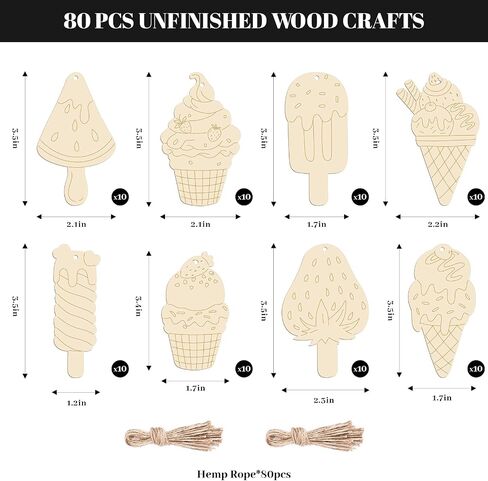 80 PCS Unfinished Wood Cutouts 8 Styles DIY Wooden Spring Ornaments, Wooden Art Craft Painting Kit for Kids, Birthday Easter Creativity Arts & Crafts, Ice Cream Shape in Saudi Arabia