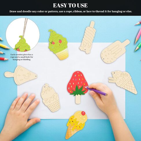 80 PCS Unfinished Wood Cutouts 8 Styles DIY Wooden Spring Ornaments, Wooden Art Craft Painting Kit for Kids, Birthday Easter Creativity Arts & Crafts, Ice Cream Shape in Saudi Arabia