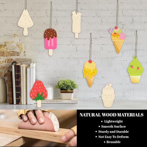 80 PCS Unfinished Wood Cutouts 8 Styles DIY Wooden Spring Ornaments, Wooden Art Craft Painting Kit for Kids, Birthday Easter Creativity Arts & Crafts, Ice Cream Shape in Saudi Arabia