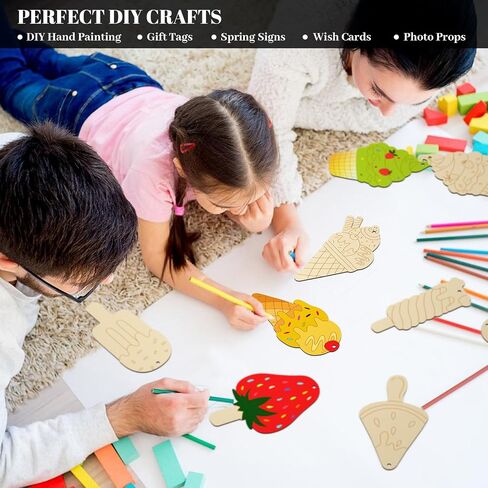 80 PCS Unfinished Wood Cutouts 8 Styles DIY Wooden Spring Ornaments, Wooden Art Craft Painting Kit for Kids, Birthday Easter Creativity Arts & Crafts, Ice Cream Shape in Saudi Arabia