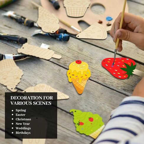 80 PCS Unfinished Wood Cutouts 8 Styles DIY Wooden Spring Ornaments, Wooden Art Craft Painting Kit for Kids, Birthday Easter Creativity Arts & Crafts, Ice Cream Shape in Saudi Arabia