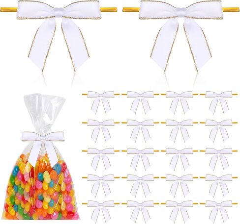 50Pcs Pink Bows for Crafts, Twist Tie Bows Mini DIY Satin Ribbon Bow Pre-Tied Gift Bows with Gold Edge for Gift Wrap Bags Party Favors Baked Goods Cookies Bridal Shower Halloween Party (Pink) in Saudi Arabia