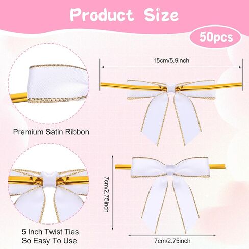 50Pcs Pink Bows for Crafts, Twist Tie Bows Mini DIY Satin Ribbon Bow Pre-Tied Gift Bows with Gold Edge for Gift Wrap Bags Party Favors Baked Goods Cookies Bridal Shower Halloween Party (Pink) in Saudi Arabia