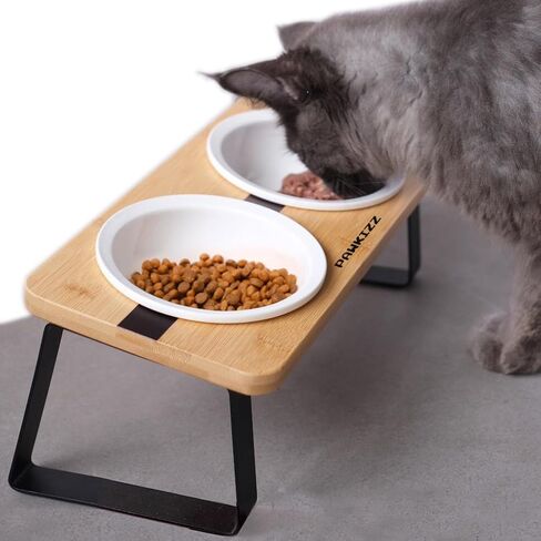 Elevated Cat Steel Bowls Stand for Food and Water, Small Dog, Anti Vomit, Indoor Cats, Tilted Feeding Position, Full Bamboo Body Stand with Food Grade, Feeding Station for Cats and Puppy in Saudi Arabia