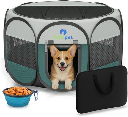 Playpen for Small Dogs Cats Crate: Puppy Play Pen Indoor Outdoor Foldable Potable Exercise Cage Pop up Kennel for Guinea Pig Rabbits Hamster Travel with Carrying Case & Food Bowl (Grey, S, 1) in Kuwait