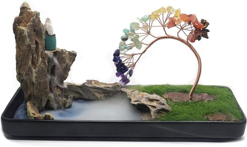 Chakra Backflow Incense Burner – Handmade Natural Stone Waterfall Fountain with 7 Chakra Crystals – Aromatherapy Decor for Meditation, Yoga & Home Ambience (chakra tree) in Kuwait