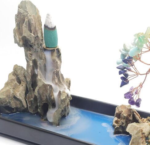 Chakra Backflow Incense Burner – Handmade Natural Stone Waterfall Fountain with 7 Chakra Crystals – Aromatherapy Decor for Meditation, Yoga & Home Ambience (chakra tree) in Kuwait