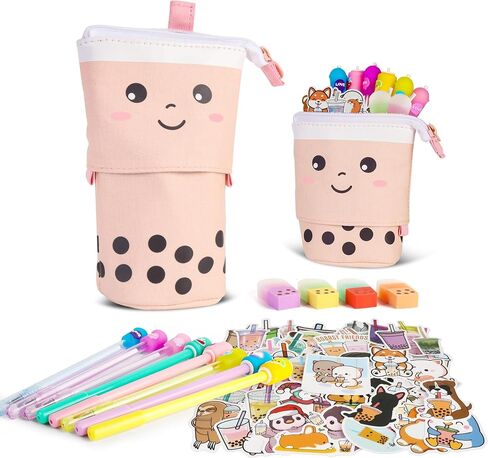 Primo Lines Cylindrical Boba Tea Kawaii Pencil Case Holder 61 PCS Pink Stationary Set Pink Stationery Bag 4 Cute Pens, 53 Stickers, Bubble Sticky Notes and Fun Erasers, Ruler Present Set for gift in Saudi Arabia