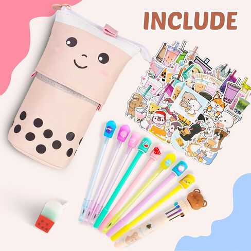 Primo Lines Cylindrical Boba Tea Kawaii Pencil Case Holder 61 PCS Pink Stationary Set Pink Stationery Bag 4 Cute Pens, 53 Stickers, Bubble Sticky Notes and Fun Erasers, Ruler Present Set for gift in Saudi Arabia