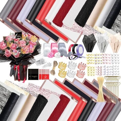512Pcs Flower Wrapping Paper Kit with 120 Sheets Waterproof Floral Wrapping Paper 3D Butterfly Decor Crowns,Bouquet Pins Ribbons,DIY Crafts for Mother's Day Valentines Graduation Birthday Gift in Kuwait
