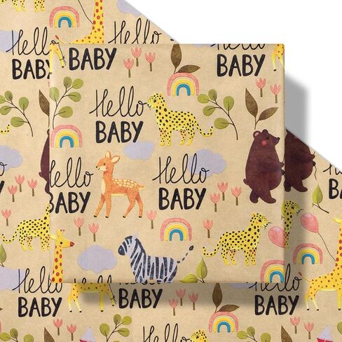 RUSPEPA BABY DEARD WARP RAPT ROPER - 17 بوصة × 16.4 قدم - تصميم حيوان لطيف على ورق كرافت - مثالي للطفل أو غلاف هدايا محايدة ، حفلة عيد ميلاد الأطفال ودش الطفل in Kuwait