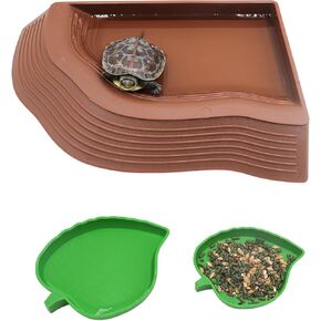 3 Pack Tortoise Habitat Accessories, One Bath Pool with Ramp, 2 Leaf Shape Dishes, Reptile Water Dish, Turtle Food Bowl, Reptile Tank Accessories for Bearded Dragon, Gecko, Tortoise, Hermit Crab