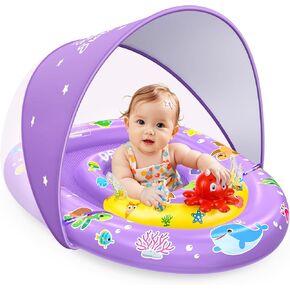 Ezigo Baby Pool Float with Canopy Upf 50+ حماية من أشعة الشمس ، ورضع غرف الهواء المزدوجة يسبحون مع ألعاب صوتية قابلة للتعديل تطفو مقعد الأمان للبنين والبنات 6-36 أشهر