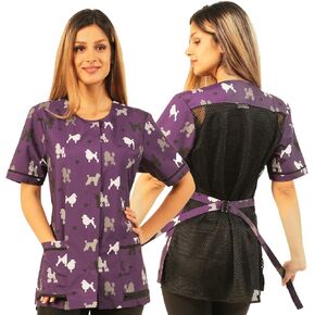Ladybird Line Purple Poodle Print Dog Grooming Smocks for Women - Waterproof Smock with Covered Zipper Panel, Pockets, Mesh Back, and Back Tie - Fur-Resistant Clothing for Dog Groomer (Large)
