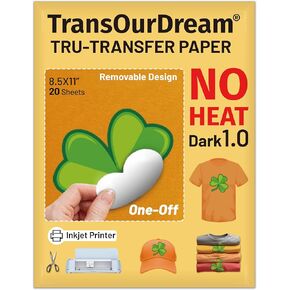 TransOurDream NO Heat Transfer Paper for Dark T Shirts (20 Sheets, 8.5x11"), Printable Heatless Transfer Vinyl for Inkjet Printers, Removable Transfers for Dark Fabrics