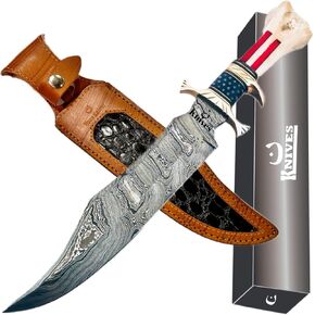 : CUSTOM HAND MADE DAMASCUS STEEL COLLECTIBLE GUTT KNIFE HANDLE MATERIAL BONE USA FLAG ACID ACHING (STAR)