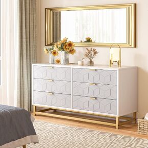 Grey Dresser, 6 Drawer Dresser for Bedroom, Chest of Drawers, Modern Wood Dressers with Gold Metal Handles for Hallway, Entryway