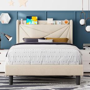 Feonase Full Size Bed Frame with Type-C & USB Ports, Upholstered Platform Bed Frame with Wingback Storage Headboard, Solid Wood Slats Support, No Box Spring Needed, Noise-Free, Charcoal Gray
