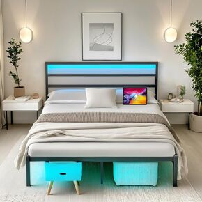 Queen Bed Frame with Headboard,Heavy Duty Steel Slats Support-LED Bed Frame with USB Charging Station,Metal Platform Bed Frame-Under Bed Storage, No Box Spring Needed, Noise Free,Black