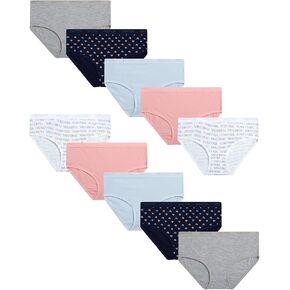 Nautica Girls' Brief Underwear - 10 Pack Casual Stretch Logo Waistband Mid-Waist Briefs - Girls Cotton Underwear (4-12), Size 10-12, Pink/Print/Grey Heather/Blue/Stripe