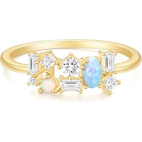 Mameloly 1.3mm 14K Gold Plated CZ Wedding Bands for Women Dainty Stackable Thin Created Opal Ring Cubic Zirconia Promise Engagement Rings for Her Size 4-10