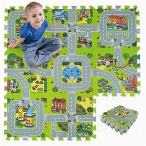 Skyweaver Traffic Play mat Puzzle Foam Interlocking Tiles – Kids Road Traffic Play Rug - Children Educational Playmat Rug - Interlocking Foam Tiles City Road Track Puzzle Mat (18Pcs)