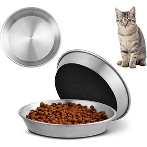 3 Pack Stainless Steel Cat Bowls - Whisker Fatigue Shallow Wide Cat Bowls - Heavy Weighted Non-Slip Metal Kitten Food and Water Plates - Non-Skid Flat Dishes for Indoor Small Cats