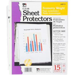 Charles Leonard Sheet Protectors, Top Loading with Binder Holes, 2 Mils Economy Weight, Letter Size, Clear, 15-Pack (48115)