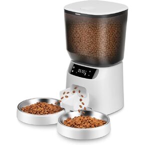 Automatic Cat Feeders for Two Cats, 5L/20 Cups Double Automatic Cat Food Dispenser with 2 Stainless Bowls, Timer Setting 20 Portions 6 Meals Per Day, 10s Meal Call, Pet Feeder for Dog