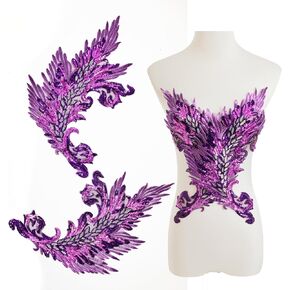Pair Embroidery Phoenix Costume Sequin Appliques Patches, Peacock Feather Tail Applique Embellishments for Dance Dresses,Clothes,T-Shirt，Neckline Bodice Pants (Blue)