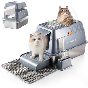 Stainless Steel Metal Cat Litter Box Large Enclosed with Lid, Dog Proof Jumbo Hooded High Sides for Big Cats, Indoor Multi Cat Use - Deep Design & No Smell