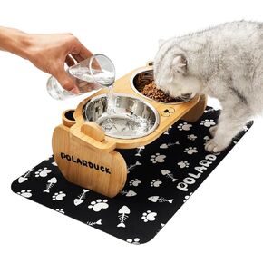 Upgraded Elevated Cat Bowls with Food Mat: Raised Pet Food and Water Dishes for Cats with 15°Tilted Red Panda Bamboo Stand, 2 Stainless Steel Bowls and 1 Non-Slip Feeding Mat