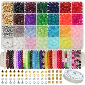 JULIMAIDONG 6mm Glass for Bracelets 1400pcs, 24 Colors Round Crystal Glass Bracelet Making Kit for Jewelry Making Kits Bead DIY Crafts with Spacer Charms Accessories (6mm, 24Color)