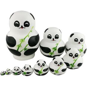 Set of 10 Cute Giant Panda Bear with Green Bamboo Nesting Dolls Matryoshka Animal Russian Handmade Kids Girl Surprise Christmas Holiday Birthday Toy Home Office Decoration