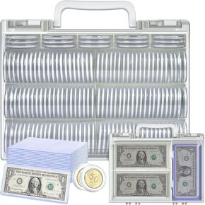 كبسولات عملة Coins Coins Collector Casin 46 مم مع 6 أحجام حشية رغوة (141 PCS) ، أكمام العملة الورقية الصلبة (20 PCS) ، Soft Dollar Bill Sleeves (200 PCS) مربع منظم التخزين (الأسود)