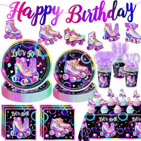 Roller Skating Party Supplies, Roller Skate Party Favors Includes Plates, Napkins, Cups, Cutlery, Cupcake Toppers, Banner, Hanging Swirls, Tablecloth for Roller Skating Party Decorations, Serve 20