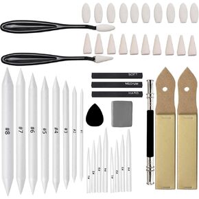46 PCS Blending Stumps and Tortillions Paper Art Blenders Sketch Drawing Tools with Charcoal Sticks,Sandpaper Sharpeners,Wipe Scrapers,Rub Sponge and Kneaded Eraser for Student Artist Drawing Shading