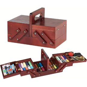 1pcs Wooden Expandable Sewing Box Sewing Kit Storage Box with Handle, Embroidery Kit Wooden Sewing Basket