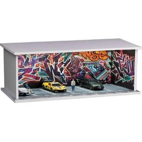 Hot Wheels Display Case with Lights Stackable Matchbox Toy Car Parking Mega Garage Storage, 1/64 Hot Diecast Wheels Dioramas with 6 Parking Spaces (Red-Factory)