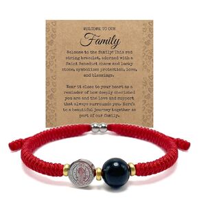 سوار St Benedict Red Knot String Pracelet لأحد أفراد الأسرة الجديد ، أمي جديدة أبي مع Lucky Natural Healing Stone ، مرحبًا بك في The World Gift (أحد أفراد الأسرة الجديد)