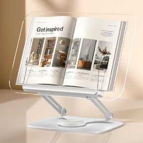 Book Stand for Reading, Adjustable Book Holder with 360° Rotating Bases & Elastic Page Clips, Foldable Cookbook Stand, Portable Book Stand for Bible, Recipe, Tablets, Laptops, Acrylic & White