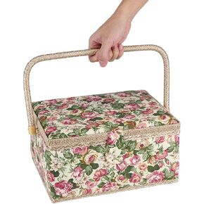 Garden Rose Sewing Box (G Type), Fabric Floral Printed Sewing Basket Craft Box Household Sundry Storage Organizer with Handle BuiltIn Pin Cushion Interior Pocket