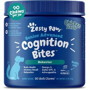 Zesty Paws Advanced Cognition Soft Chews for Dogs - with Omega 3 DHA, Ashwagandha & Alpha GPC - for Senior Dog Brain Health & Nervous System Support - Supplement for Calming & Relaxation - 90 Count