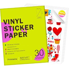 Matte White Printable Vinyl Stickers for Inkjet and Laser Printers - 30 Sheets - 8.5 "x 11" - Waterproof, Fast Drying, Non-Blistering, Tear-Resistant
