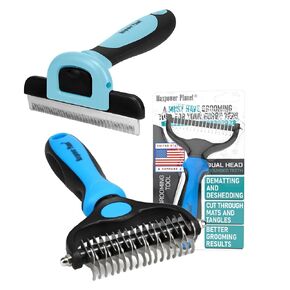 Maxpower Planet Dog Grooming Rake و Blue Deseshedding Tool - فرشاة جلبة جلدية على الوجهين وفرشاة الاستمالة للحيوانات الأليفة