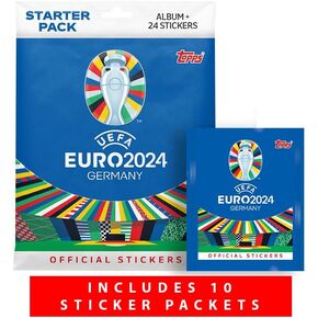 مجموعة ملصقات Topps الرسمية Euro 2024 - حزمة بداية - تحتوي على حزمة بداية بالإضافة إلى 10 حزم. يحتوي Starter Pack على ألبوم 88 صفحة بالإضافة إلى 24 ملصقًا.