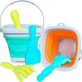 Kids Beach Toys Sandplayset مجموعة مع دلو قابلة للطي ، قوالب رملية ، أشعل النار الرملي ومجرفة ، ألعاب السفر للأعمار من 3 إلى 5 (متعددة)